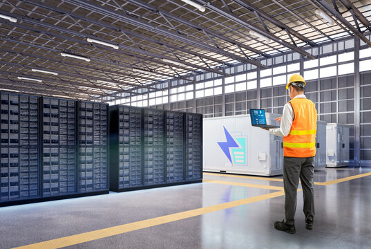 Engineer work at data center with energy storage systems or battery container units