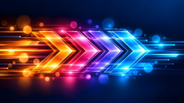 Dynamic sequence of colorful glowing transparent arrows pointing right with speed trails symbolizing high velocity and energetic forward movement