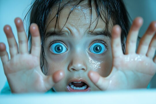 selective focus frightened child with wide eyes and tense posture