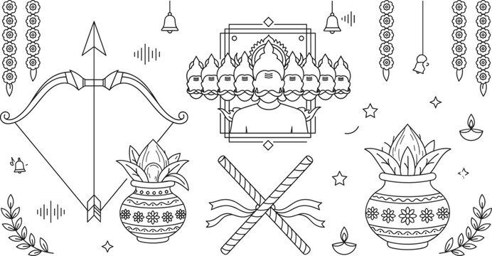 Dussehra and Navratri line icon set with Ravana bow arrow dandiya sticks kalash and festival decoration vector illustration