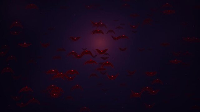 Swarm of red bats with glowing eyes on dark purple background