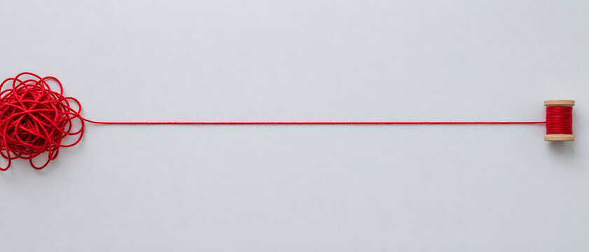 Tangled red yarn becoming one straight thread on a spool