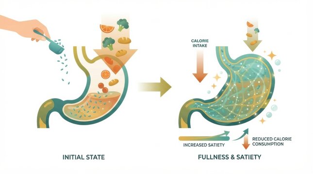 This visual explains how increased satiety leads to reduced calorie consumption for effective weight loss.