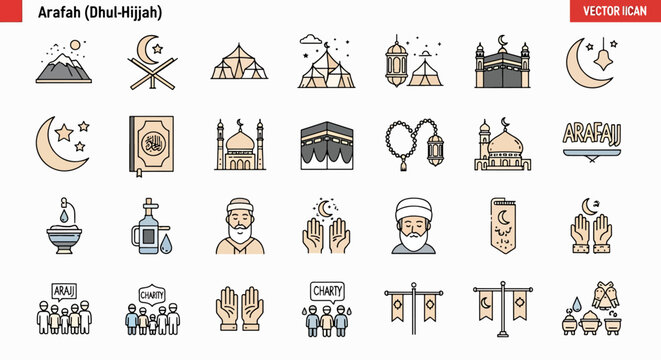 Arafah Dhul-Hijjah Icon Set Islamic Symbols Vector Illustration Ramadan Eid Mubarak Religious Design