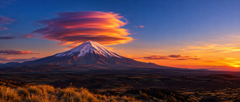 Stacked lenticular clouds over a volcano at sunset panorama