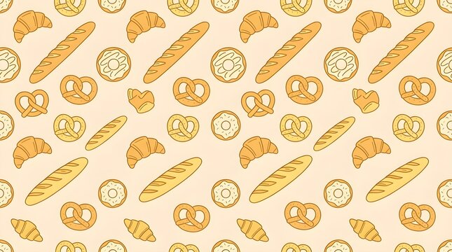 Fresh bakery pastries pattern with croissants bread loaves and artisan muffins vector asset
