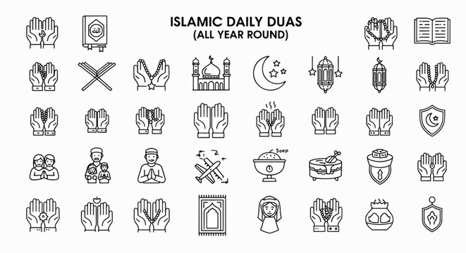Islamic daily duas all year round vector icons set. Prayer, religion, muslim, ramadan, faith, culture, and spirituality.