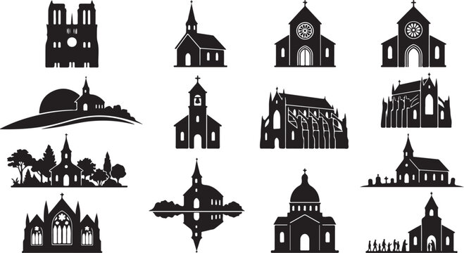 Set of black silhouette depicting various church buildings, cathedrals, chapels, and religious architecture in different styles