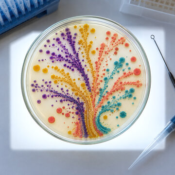 Petri dish with colorful bacterial colonies forming agar art