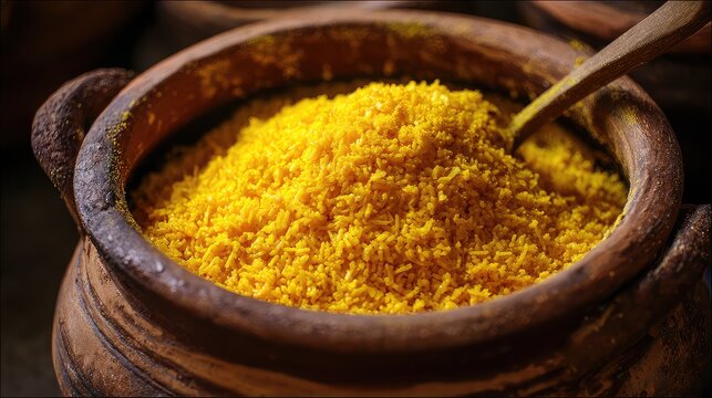 Freshly Cooked Golden Rice in Earthenware Pot with Wooden Spoon