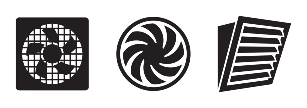 Fan and vent icons set with computer cooling and airflow symbols, technology set