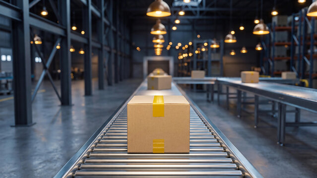 Cardboard boxes moving along a metal roller conveyor belt inside a modern automated logistics warehouse