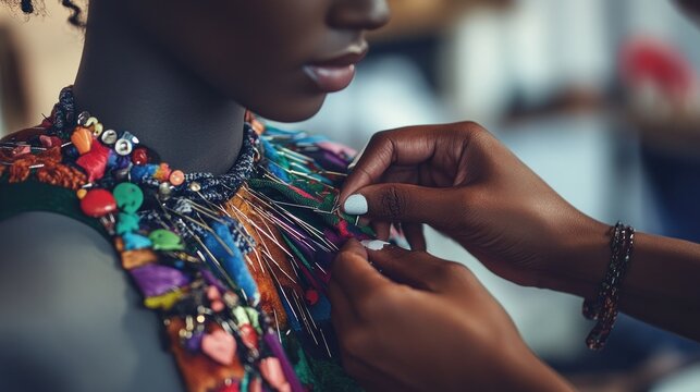 Person adjusting colorful artisan necklace