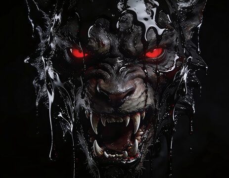 Ferocious werewolf demon emerging from liquid darkness, glowing red eyes, supernatural horror creature rising from black shadows, sinister fantasy monster portrait, dark gothic digital artwork