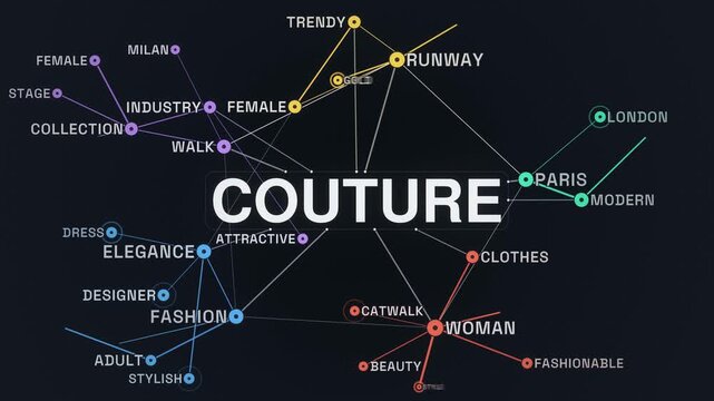 Couture graph network animated word cloud, text design animation, seamless loop