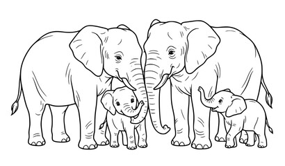 Cute Elephant Family Outline Black and White Vector © Md