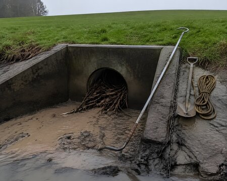 A roadside ditch headwall with a jam of branches and silt at the pipe mouth and a long hooked pole and drag chain