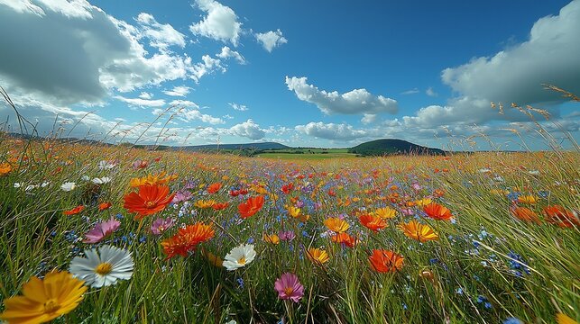 Colorful wildflower meadow with orange, pink and white blossoms under a bright blue summer sky with clouds