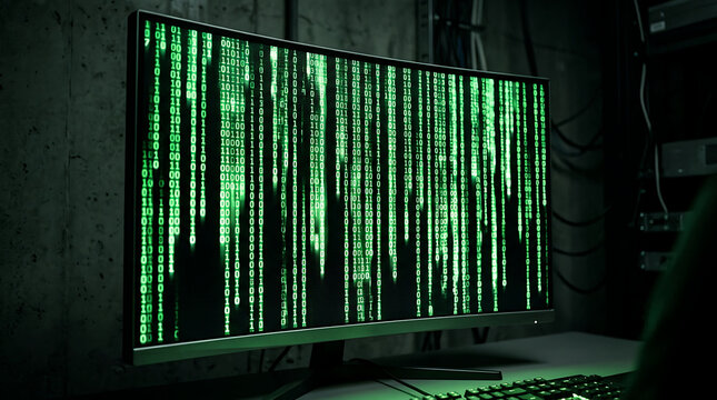 Computer monitor displaying cascading green binary code in a dark server room