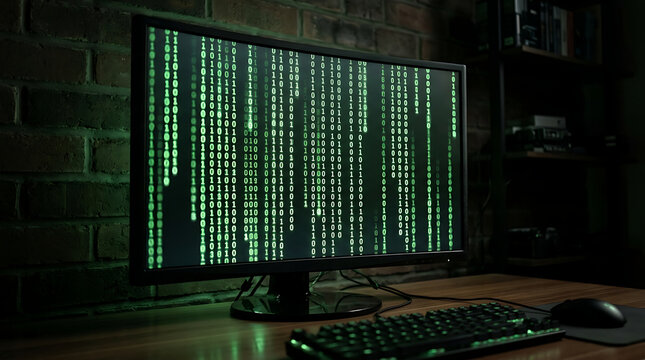 Computer monitor displaying cascading green binary code on a dark wooden desk