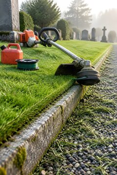 Petrol strimmer resting on a trimmed edge strip beside a low granite kerb in a cemetery lawn