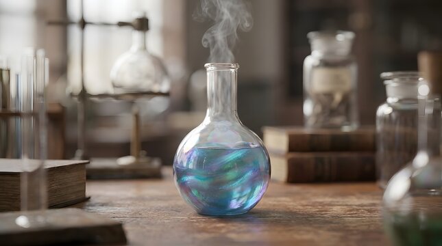 Glass flask filled with glowing magical liquid resting on a wooden table inside an old chemistry laboratory