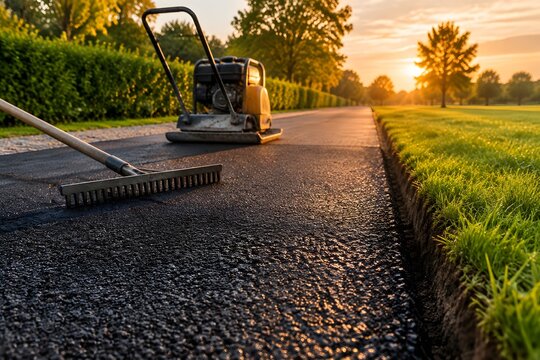 Freshly laid bitumen footpath surface beside a compacted stretch with a plate compactor and a lute rake parked nearby