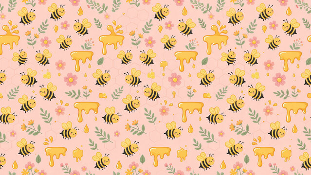 A seamless pattern featuring little bees buzzing around luscious honey droplets, pink and orange flowers, and green leafy branches, set against a sweet pastel pink background.