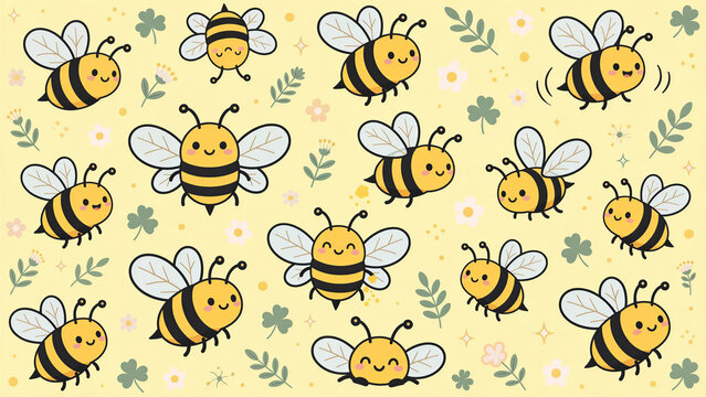 A seamless pattern featuring cute, chubby bees in various poses, adorned with leaves, flowers, and sparkling accents against a pastel yellow background.