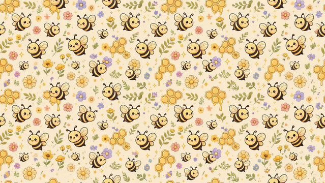 A seamless pattern featuring intricately detailed little bees, golden-yellow honeycomb, colorful, charming flowers, and green leafy branches, set against a warm cream background.