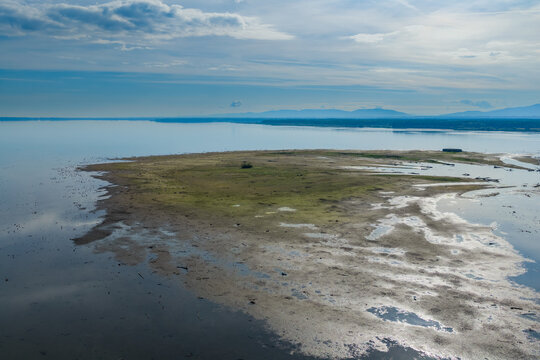 Drained lake Pszczyna reservoir showing exposed land and low water