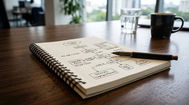 Network topology diagram sketched in a notebook on an office desk