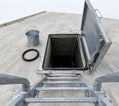 Steel access ladder climbing the sloped roof of a concrete service reservoir to a hinged hatch standing half open