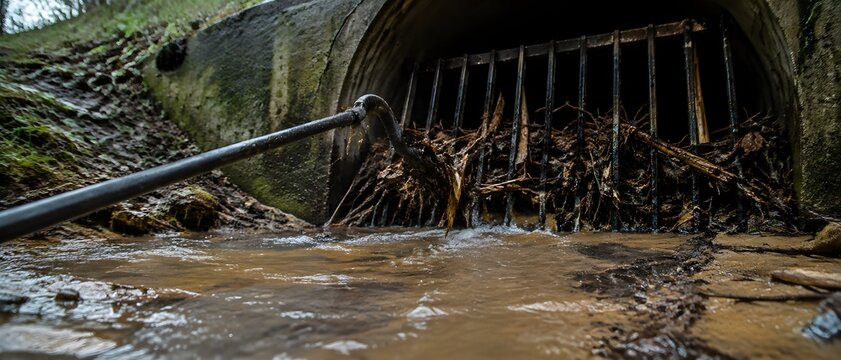 Culvert mouth with bar screen clogged by twigs and hooked rod pulled halfway out as brown flood water trickles over stone