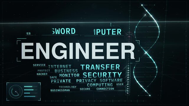 Engineer animated word cloud HUD, text design animation, seamless loop