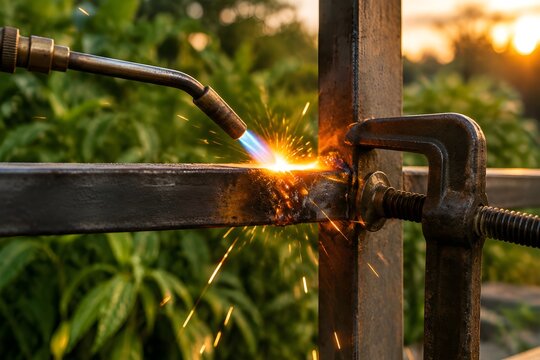 Gas torch brazing a metal joint on a heavy enclosure bar with sparks trailing in a dark workshop