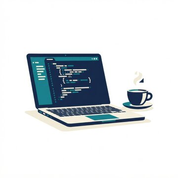 A programmer is working at a tech workspace with a laptop showing code. A coffee cup sits nearby, steaming in the morning light.