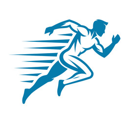 Fototapeta premium Fast Running Man Silhouette Vector Logo, Athletic Sprinter Icon with Speed Motion Trails for Fitness and Sports Club