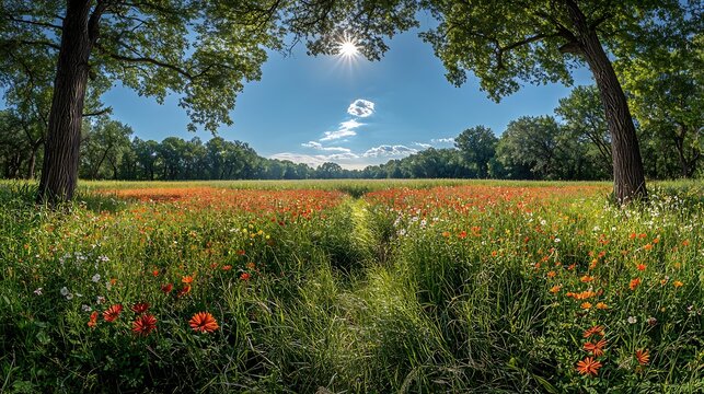 Sunny meadow with red and white wildflowers framed by large green trees under a clear blue summer sky