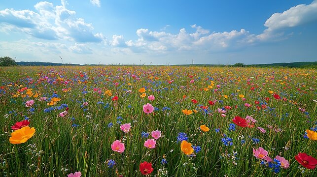 Vibrant wildflower meadow with colorful red orange and pink blossoms under a bright blue sky with white clouds