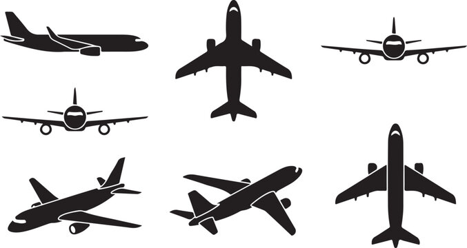 Set of black airplane showing various flight angles including side, and front views, representing aviation, travel, and air transport