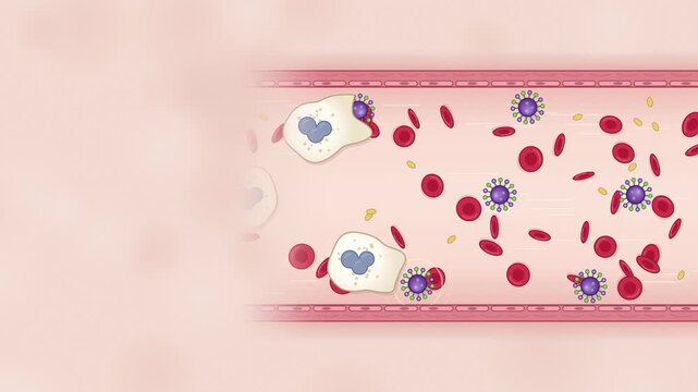 White blood cells engulfing flu virus particles inside a blood vessel, immune system explainer animation