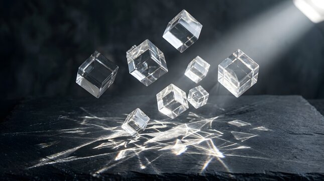 Transparent glass cubes floating above dark stone surface casting intricate caustic light patterns in studio lighting