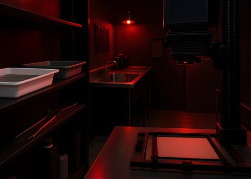 Darkroom shelf holding developing trays and tongs beside an enlarger