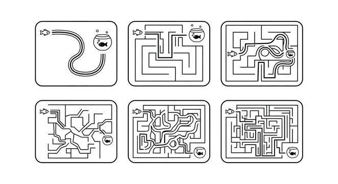 Fish and maze illustrations with aquarium elements on a white background