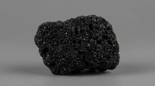 Rough black volcanic pumice stone featuring porous cellular texture showcased against neutral gray background studio photography