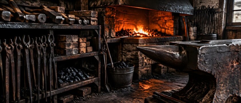 Soot-blackened iron shelf holding hammers tongs and fire bricks in a blacksmith forge