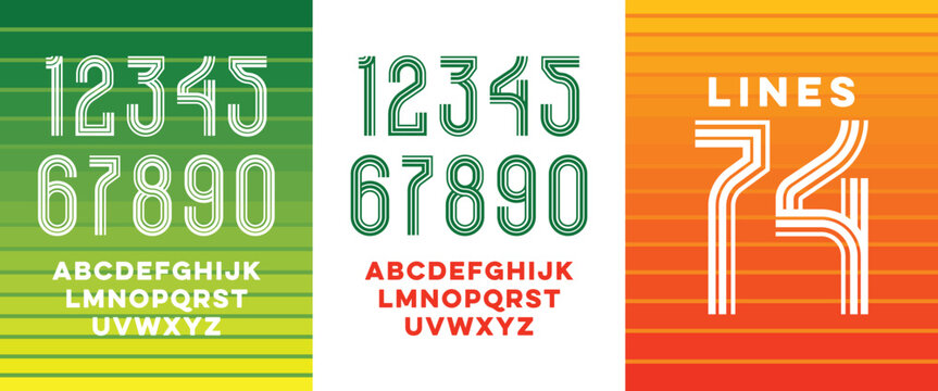 Line 74, Retro modern number stylish sport concept. Jersey design with custom yellow and white numbers. Vector illustration in stripes background