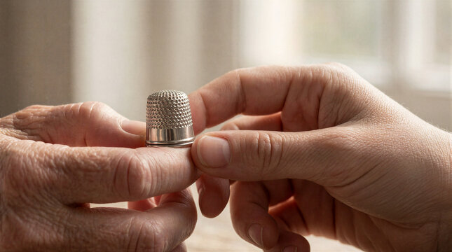Silver thimble resting between an elderly person knuckle and a young child fingertip indoors
