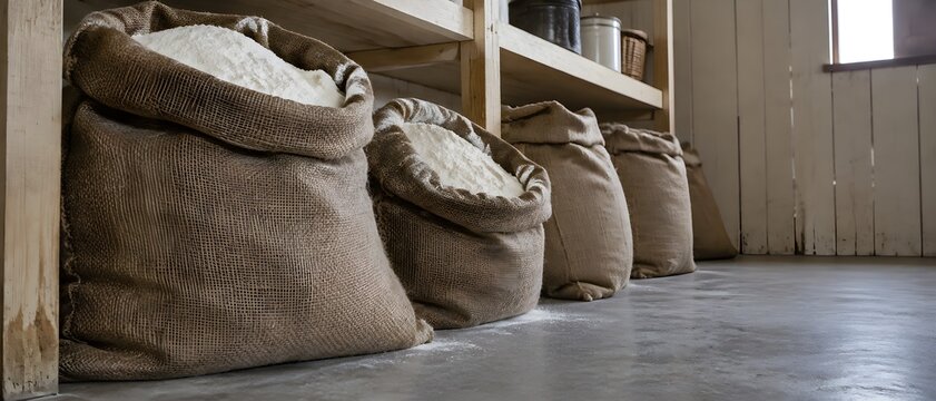 Burlap sacks of flour propped against a wooden shelf in a traditional rural pantry